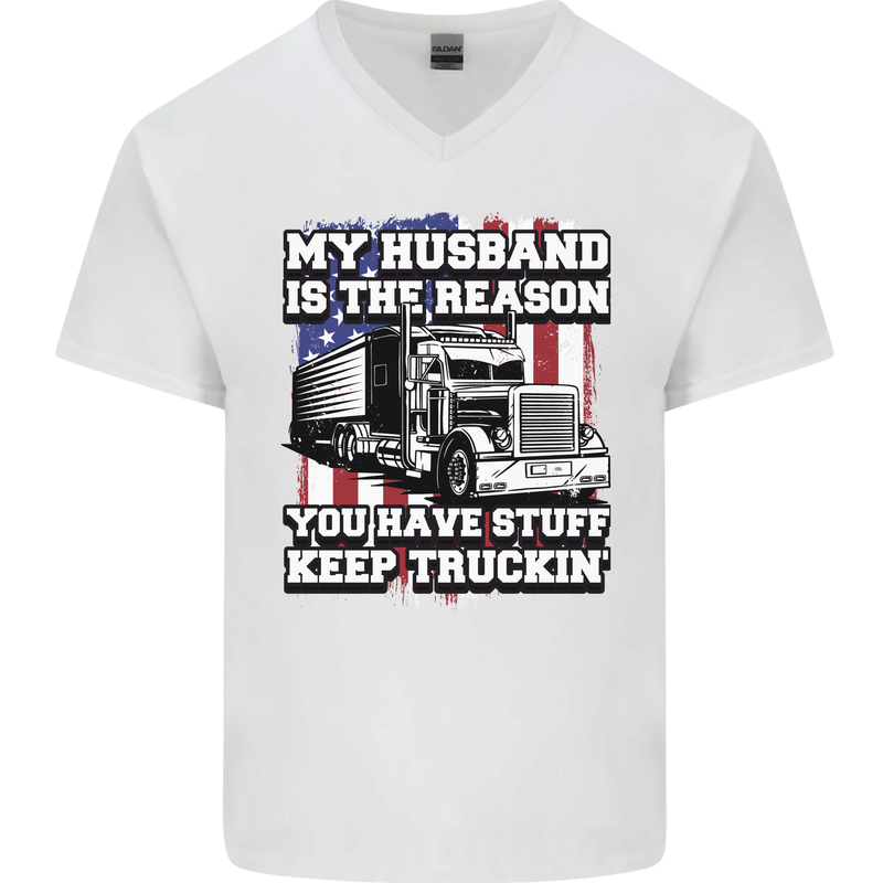 Truck Driver Funny USA Flag Lorry Driver Mens V-Neck Cotton T-Shirt White