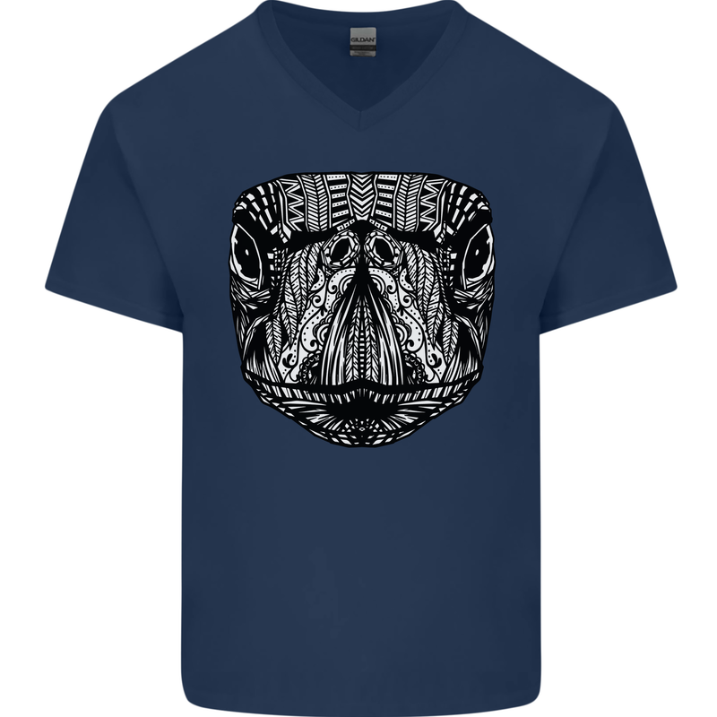 Turtle Mandala Art Tortoise Mens V-Neck Cotton T-Shirt Navy Blue