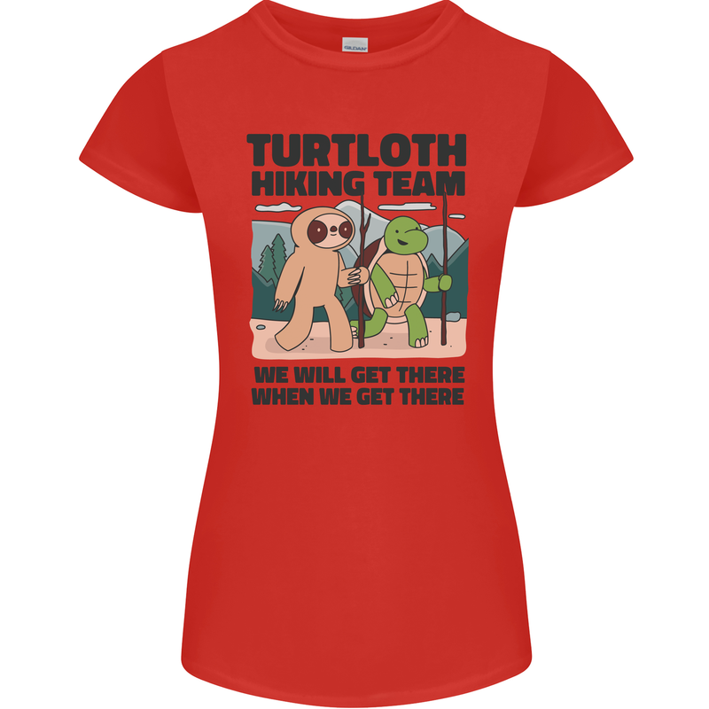 Turtloth Hiking Team Hiking Turtle Sloth Womens Petite Cut T-Shirt Red