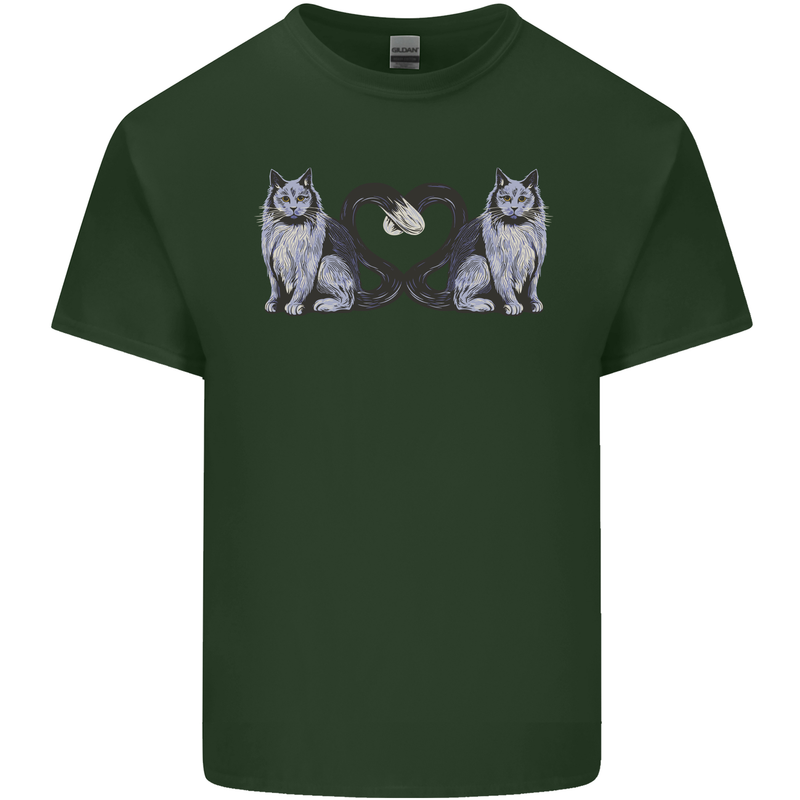 Two Heart Tailed Cats Love Mens Cotton T-Shirt Tee Top Forest Green
