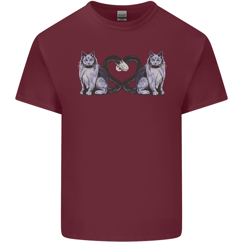 Two Heart Tailed Cats Love Mens Cotton T-Shirt Tee Top Maroon