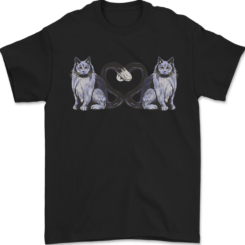 Two Heart Tailed Cats Love Mens T-Shirt 100% Cotton Black