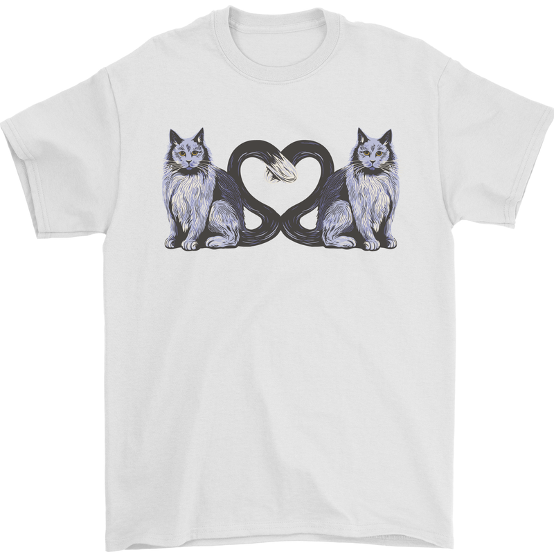 Two Heart Tailed Cats Love Mens T-Shirt 100% Cotton White