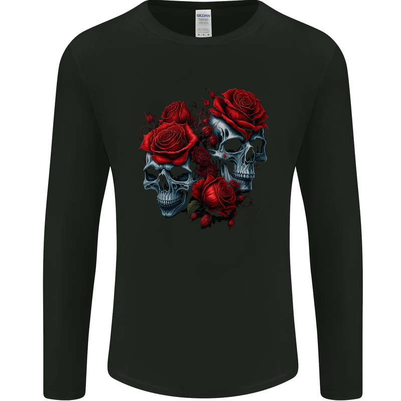 Two Skulls With Roses Gothic Goth Mens Long Sleeve T-Shirt Black