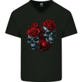 Two Skulls With Roses Gothic Goth Mens V-Neck Cotton T-Shirt Black