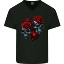 Two Skulls With Roses Gothic Goth Mens V-Neck Cotton T-Shirt Black