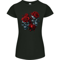 Two Skulls With Roses Gothic Goth Womens Petite Cut T-Shirt Black