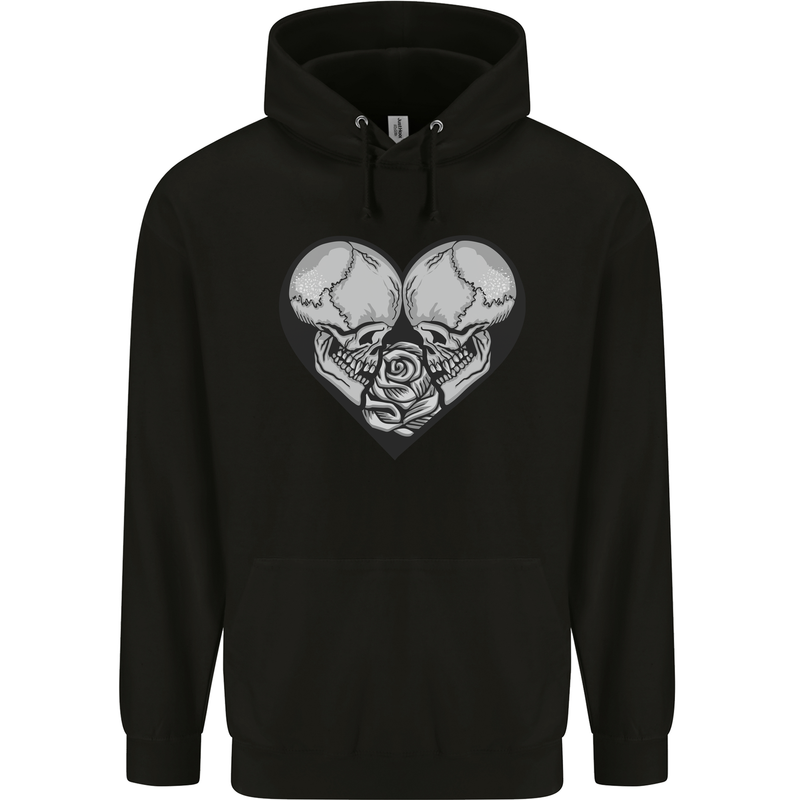 Two Skulls a Heart and Rose Gothic Goth Love Childrens Kids Hoodie Black