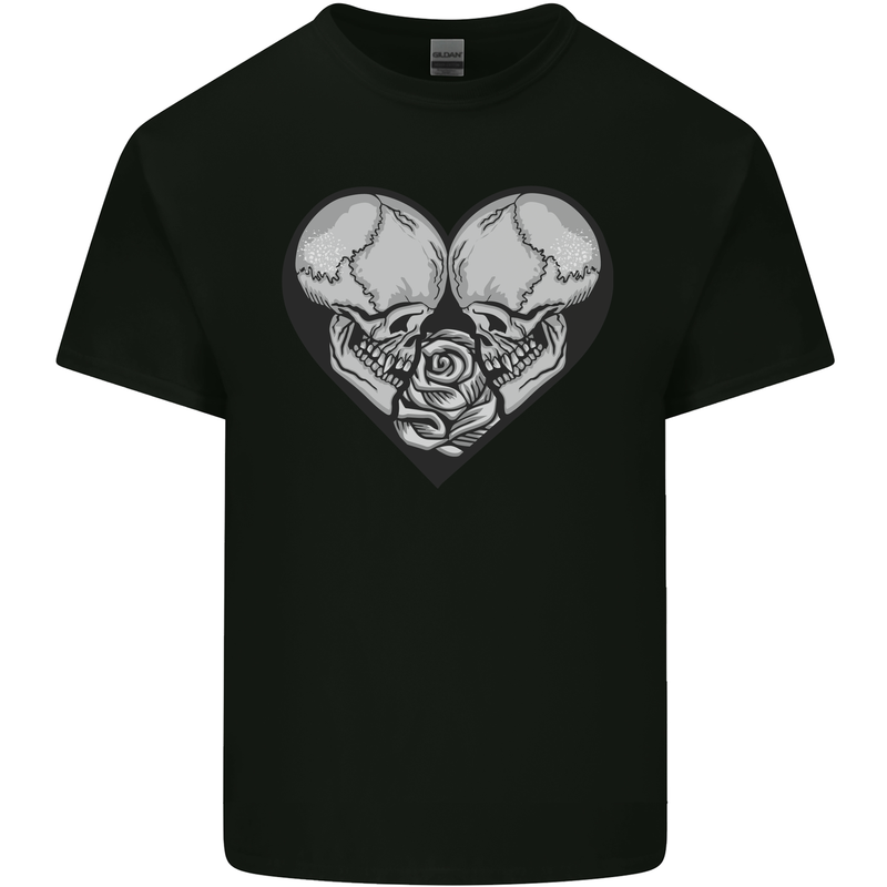 Two Skulls a Heart and Rose Gothic Goth Love Kids T-Shirt Childrens Black