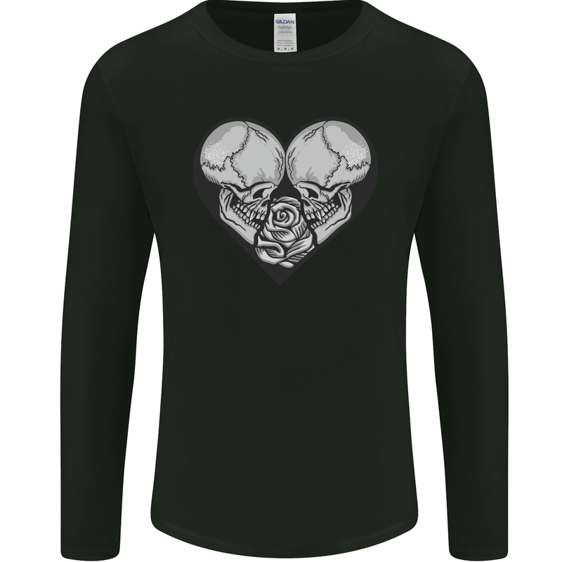 Two Skulls a Heart and Rose Gothic Goth Love Mens Long Sleeve T-Shirt Black
