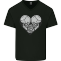 Two Skulls a Heart and Rose Gothic Goth Love Mens V-Neck Cotton T-Shirt Black