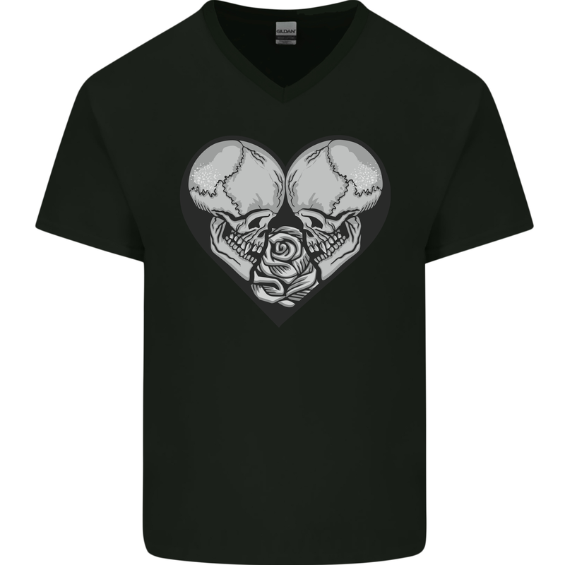 Two Skulls a Heart and Rose Gothic Goth Love Mens V-Neck Cotton T-Shirt Black