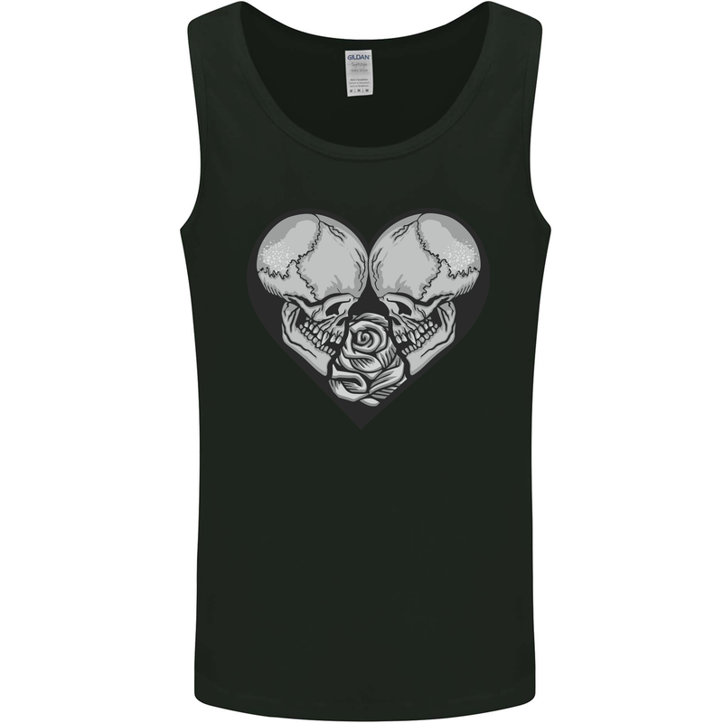 Two Skulls a Heart and Rose Gothic Goth Love Mens Vest Tank Top Black