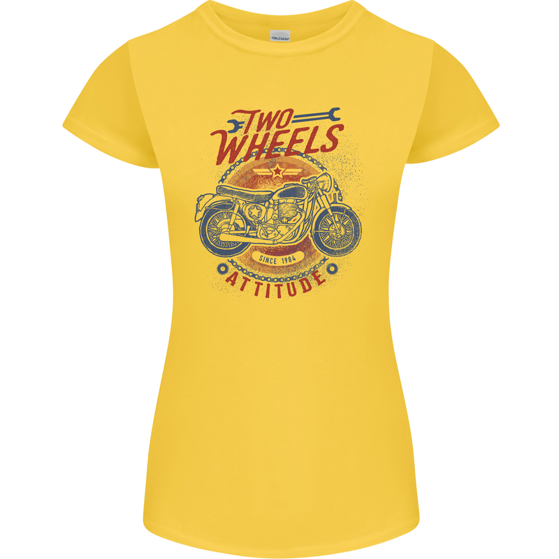 Two Wheels Attitude Motorcycle Biker Motorbike Womens Petite Cut T-Shirt Yellow