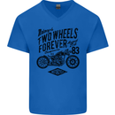 Two Wheels Forever Motorcycle Cafe Racer Mens V-Neck Cotton T-Shirt Royal Blue