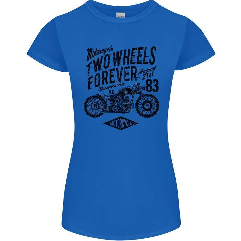 Two Wheels Forever Motorcycle Cafe Racer Womens Petite Cut T-Shirt Royal Blue