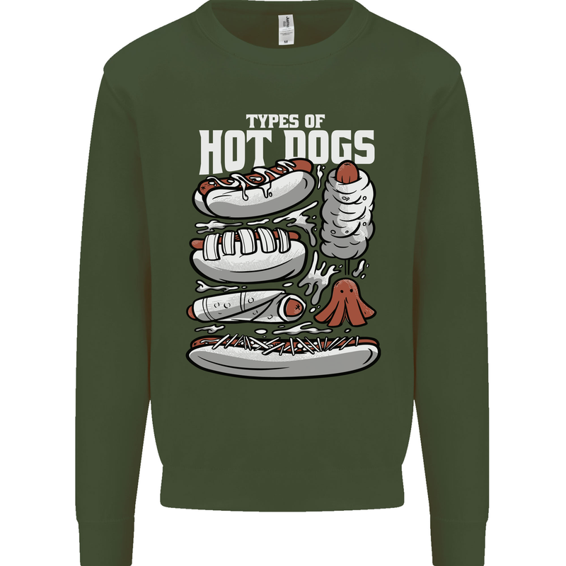 Types of Hot Dogs Fast Food Funny Kids Sweatshirt Jumper Forest Green