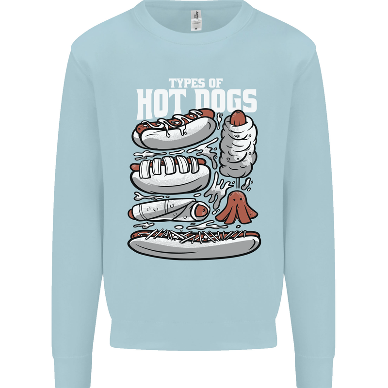 Types of Hot Dogs Fast Food Funny Kids Sweatshirt Jumper Light Blue