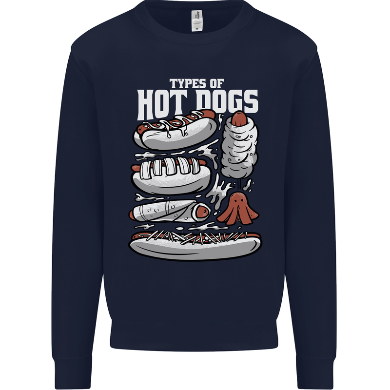 Types of Hot Dogs Fast Food Funny Kids Sweatshirt Jumper Navy Blue