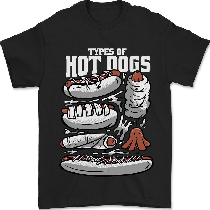 Types of Hot Dogs Fast Food Funny Mens T-Shirt 100% Cotton Black