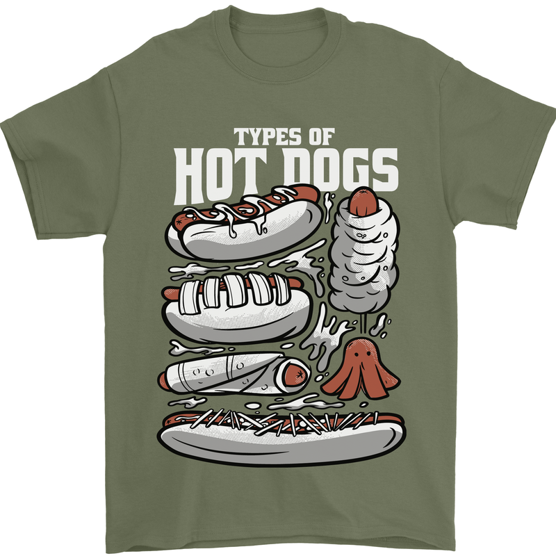 Types of Hot Dogs Fast Food Funny Mens T-Shirt 100% Cotton Military Green