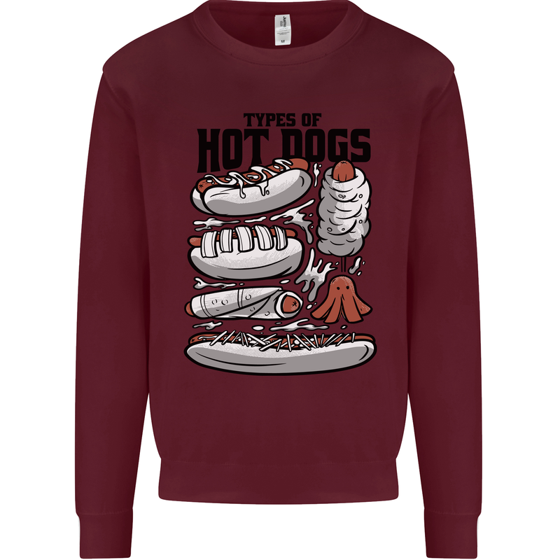 Types of Hot Dogs Funny Fast Food Kids Sweatshirt Jumper Maroon