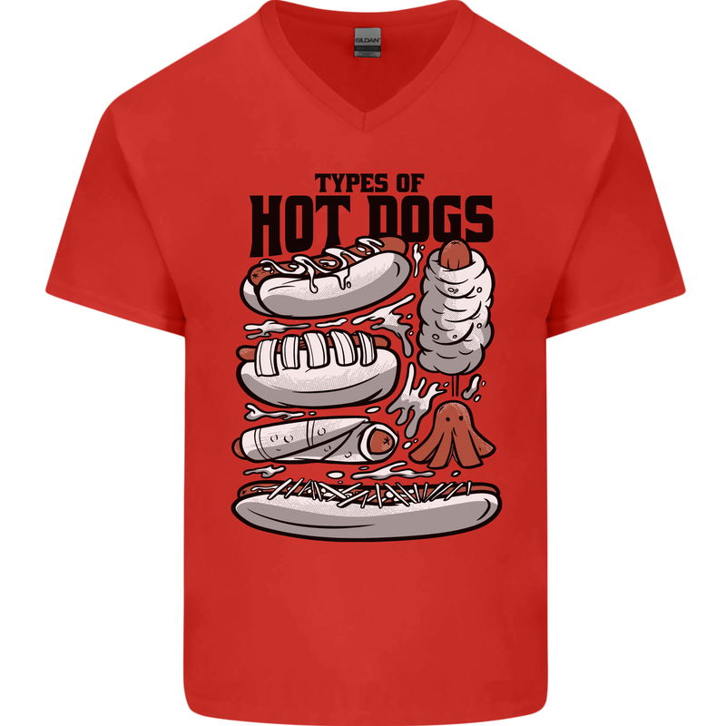 Types of Hot Dogs Funny Fast Food Mens V-Neck Cotton T-Shirt Red
