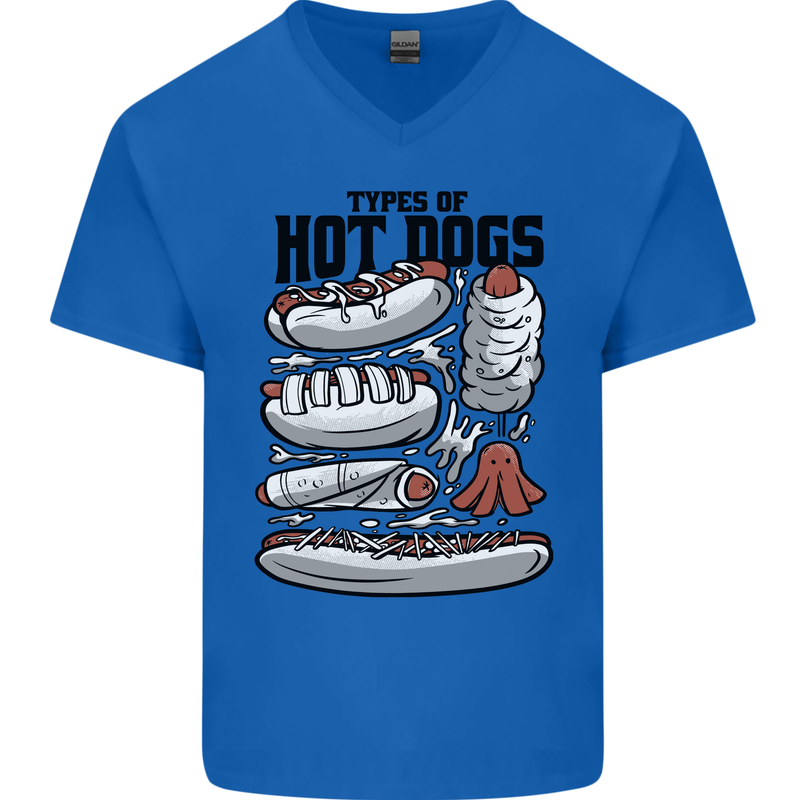 Types of Hot Dogs Funny Fast Food Mens V-Neck Cotton T-Shirt Royal Blue
