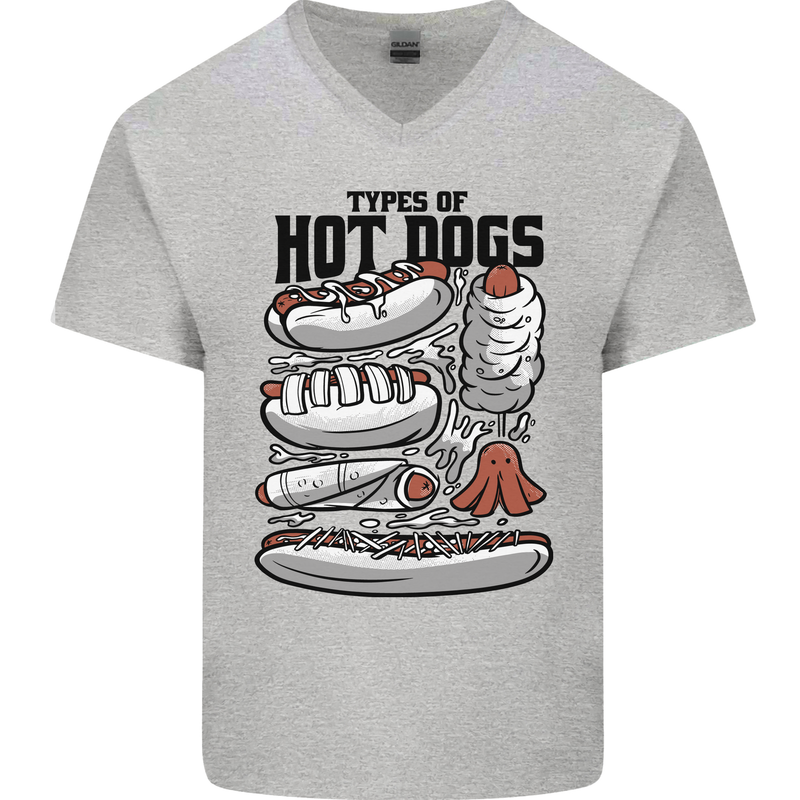 Types of Hot Dogs Funny Fast Food Mens V-Neck Cotton T-Shirt Sports Grey
