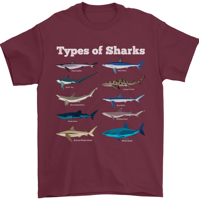 Types of Sharks Mens T-Shirt 100% Cotton Maroon