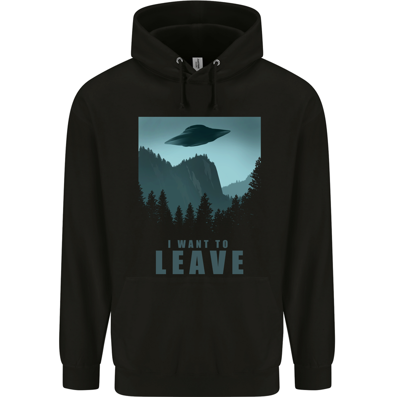 UFO I Want Leave Funny Alien Anti Social Mens 80% Cotton Hoodie Black