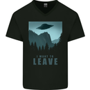 UFO I Want Leave Funny Alien Anti Social Mens V-Neck Cotton T-Shirt Black