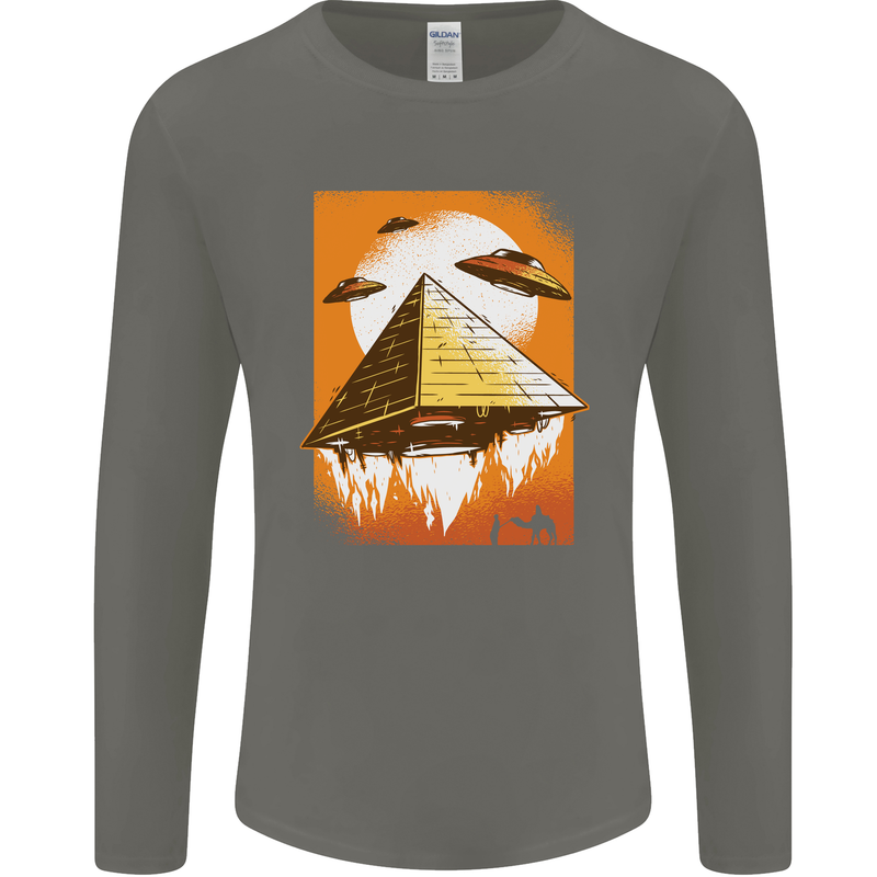 UFO Pyramid Alien Flying Saucer Mens Long Sleeve T-Shirt Charcoal