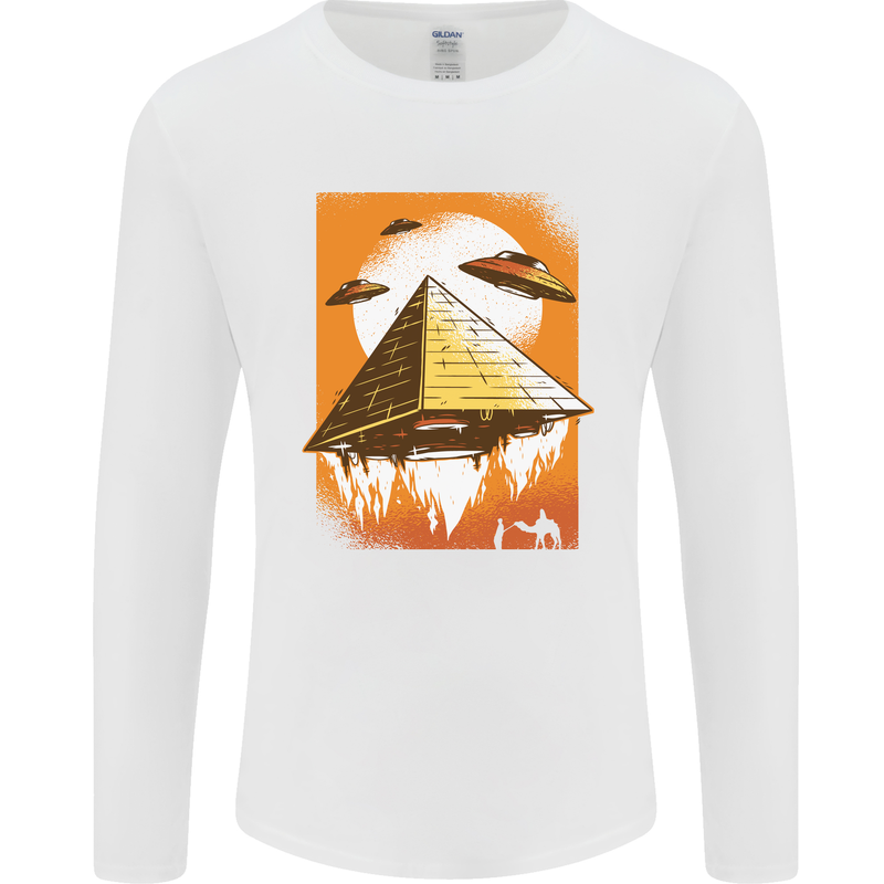 UFO Pyramid Alien Flying Saucer Mens Long Sleeve T-Shirt White