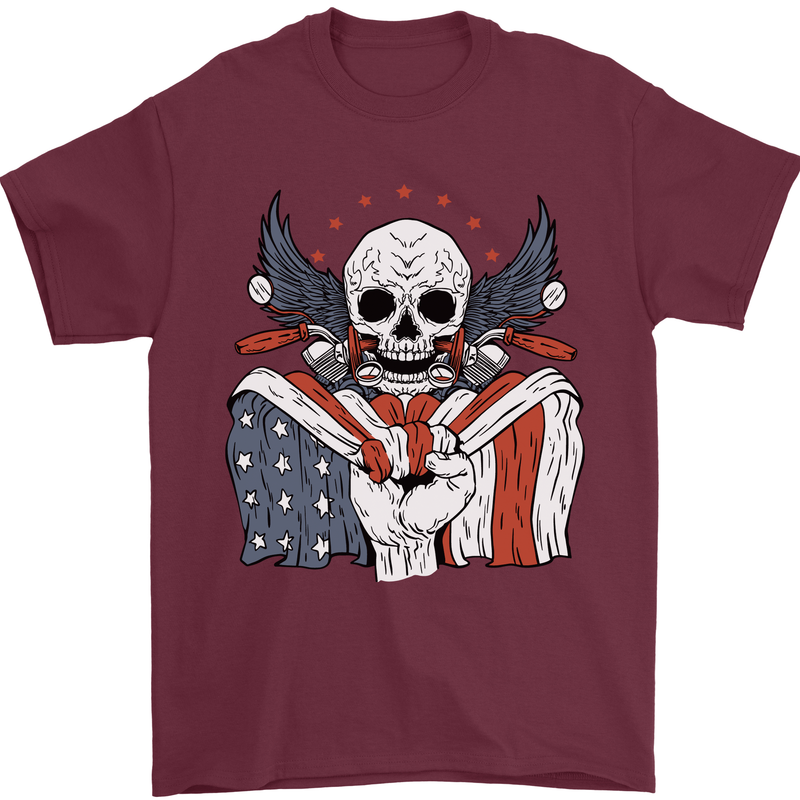 USA Biker Skull Motorcycle Motorbike Flag Mens T-Shirt 100% Cotton Maroon