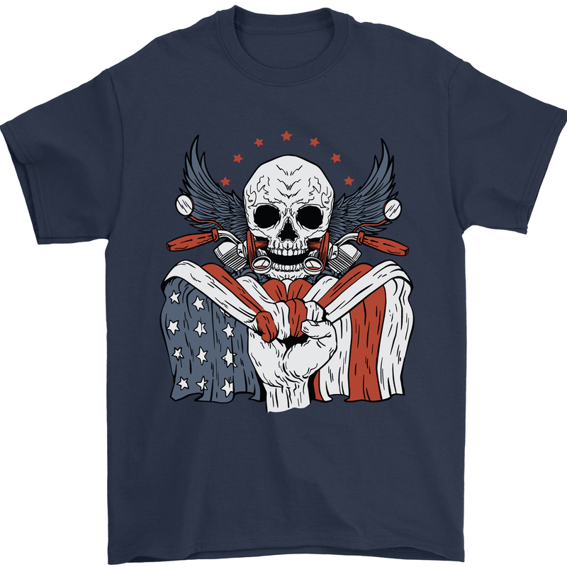 USA Biker Skull Motorcycle Motorbike Flag Mens T-Shirt 100% Cotton Navy Blue