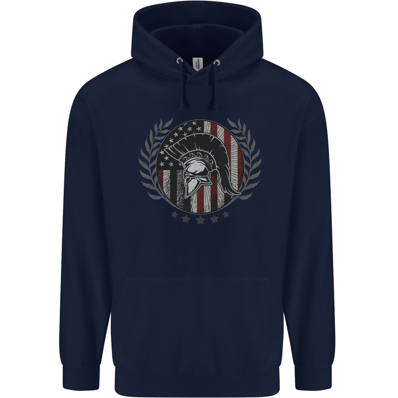 USA Bodybuilding Flag Gym Training Spartan Childrens Kids Hoodie Navy Blue
