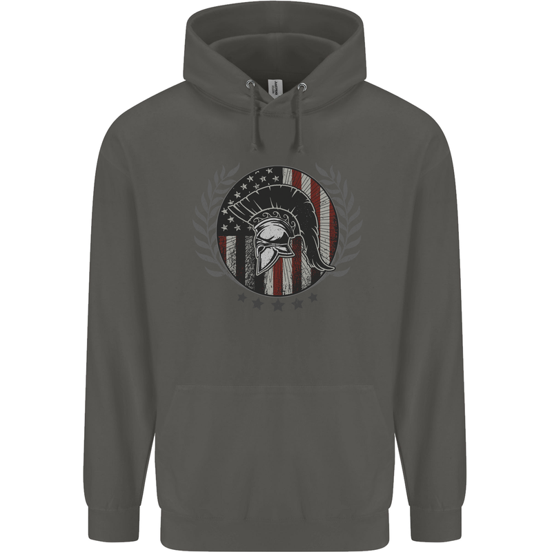 USA Bodybuilding Flag Gym Training Spartan Childrens Kids Hoodie Storm Grey