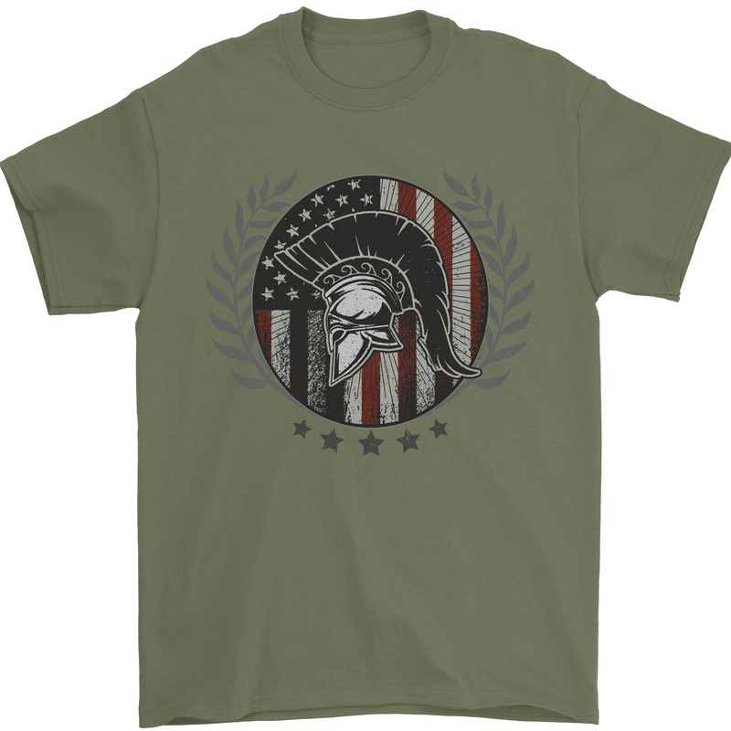 USA Bodybuilding Flag Gym Training Spartan Mens T-Shirt 100% Cotton Military Green