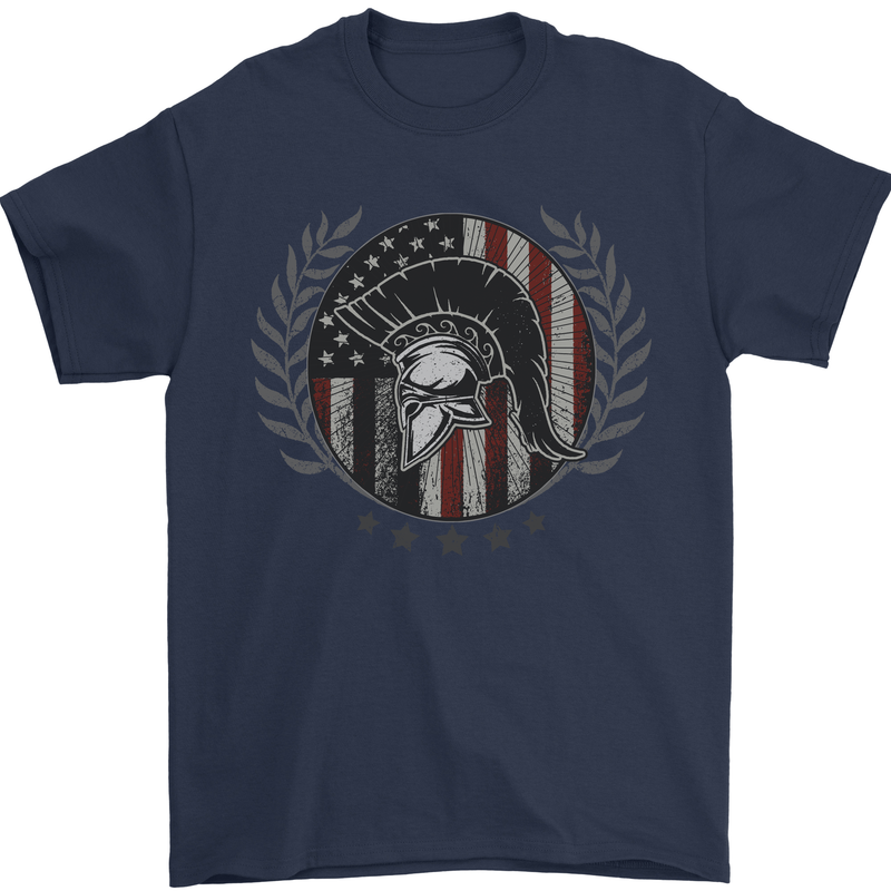 USA Bodybuilding Flag Gym Training Spartan Mens T-Shirt 100% Cotton Navy Blue