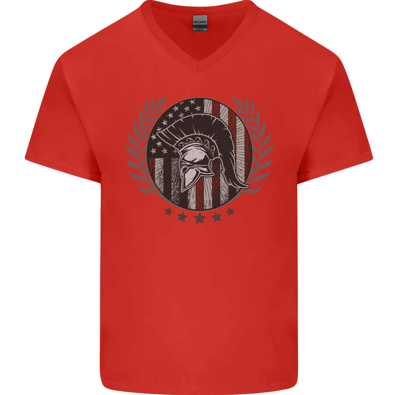 USA Bodybuilding Flag Gym Training Spartan Mens V-Neck Cotton T-Shirt Red