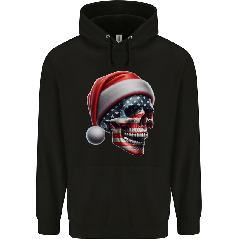 USA Christmas Skull Xmas American Flag Biker Childrens Kids Hoodie Black