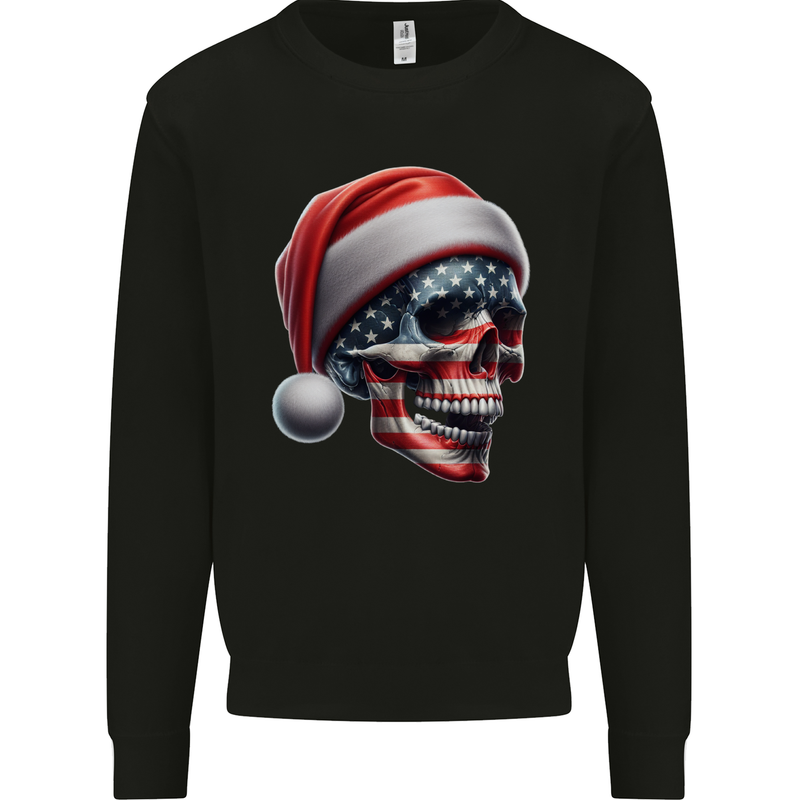 USA Christmas Skull Xmas American Flag Biker Kids Sweatshirt Jumper Black