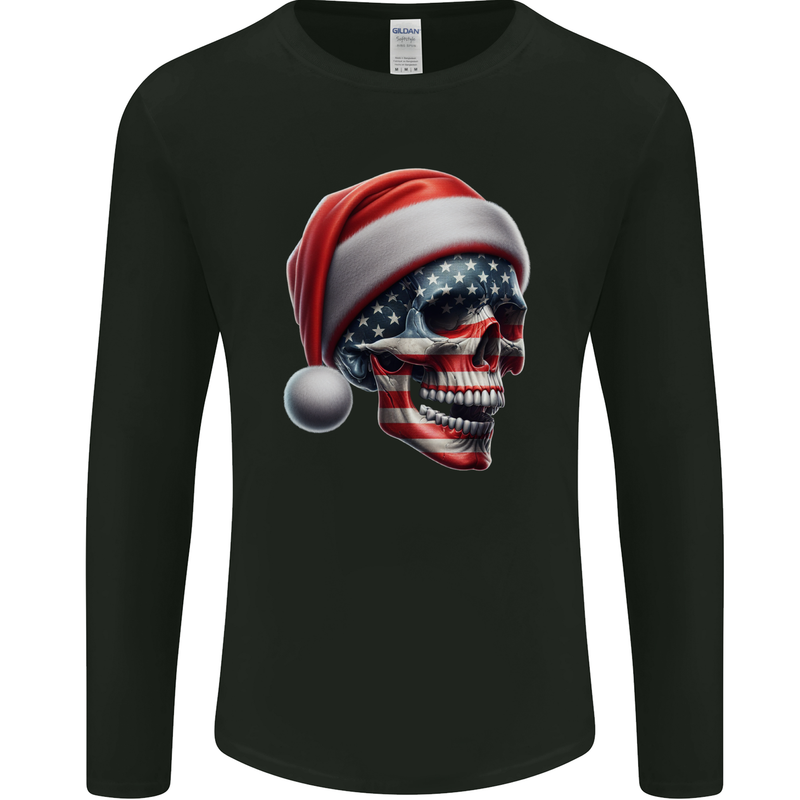 USA Christmas Skull Xmas American Flag Biker Mens Long Sleeve T-Shirt Black