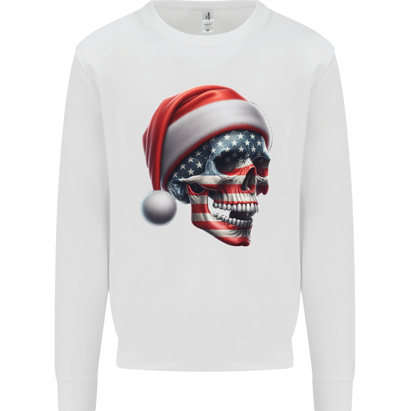USA Christmas Skull Xmas American Flag Biker Mens Sweatshirt Jumper White