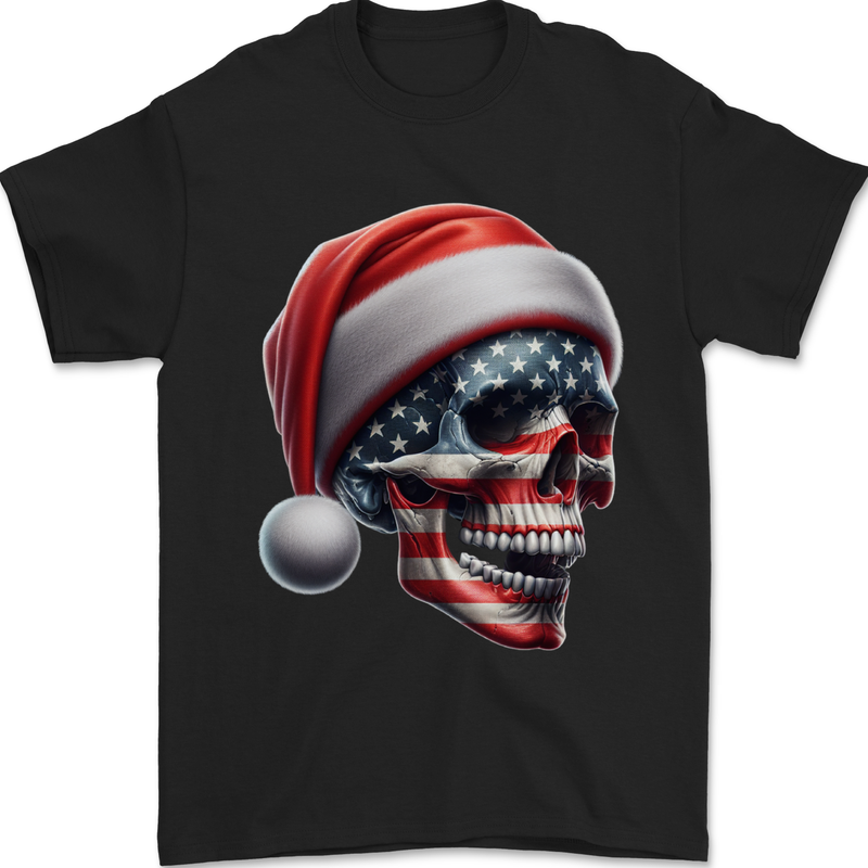 USA Christmas Skull Xmas American Flag Biker Mens T-Shirt 100% Cotton Black