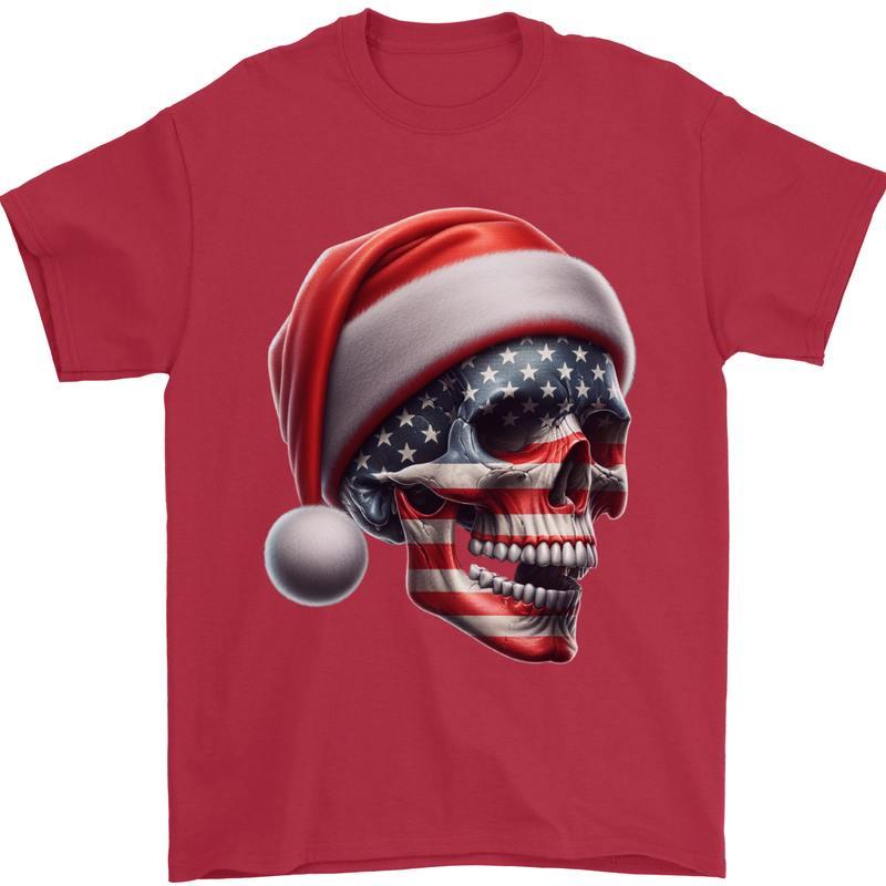 USA Christmas Skull Xmas American Flag Biker Mens T-Shirt 100% Cotton Red