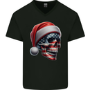 USA Christmas Skull Xmas American Flag Biker Mens V-Neck Cotton T-Shirt Black