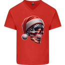 USA Christmas Skull Xmas American Flag Biker Mens V-Neck Cotton T-Shirt Red