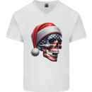 USA Christmas Skull Xmas American Flag Biker Mens V-Neck Cotton T-Shirt White